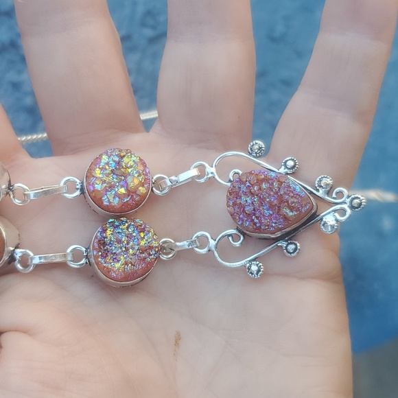 New Rough Peach Titanium Druzy Heart Shaped 925 Silver Necklace. - Picture 8 of 10